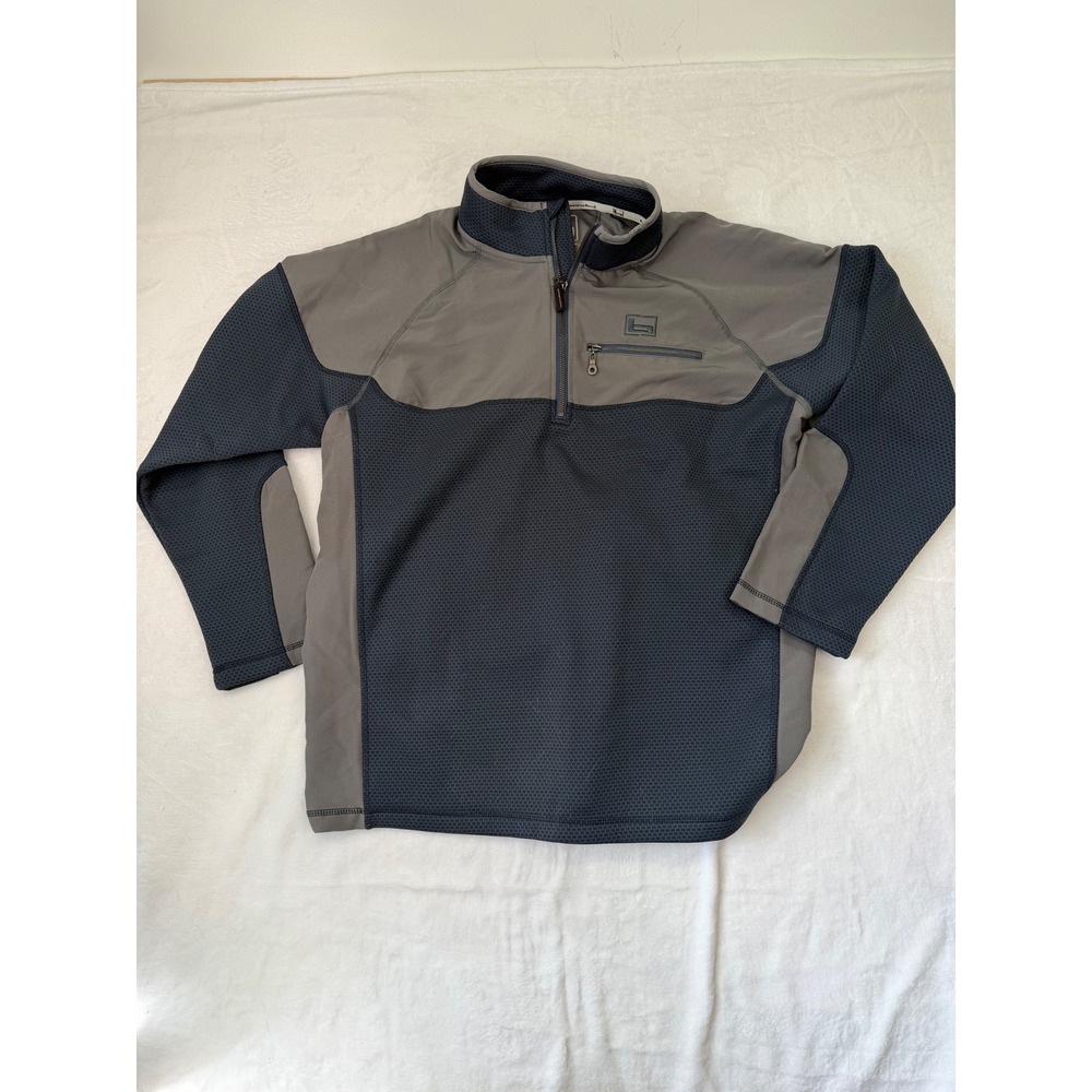 Banded 1/4 Zip Pullover Large Gray Navy Blue Waffle Knit Hunting Mens